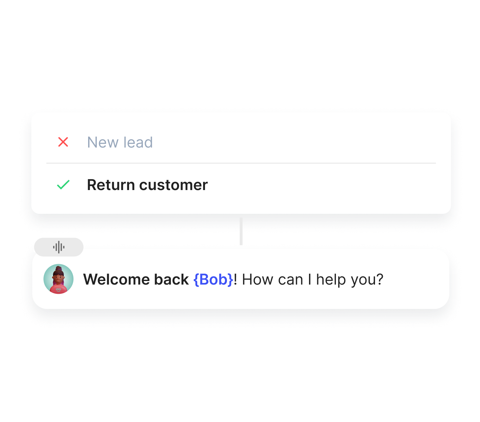 An image representing Goodcall's logic feature, where the agent determines that a caller is a "return customer" and greets that customer by name.